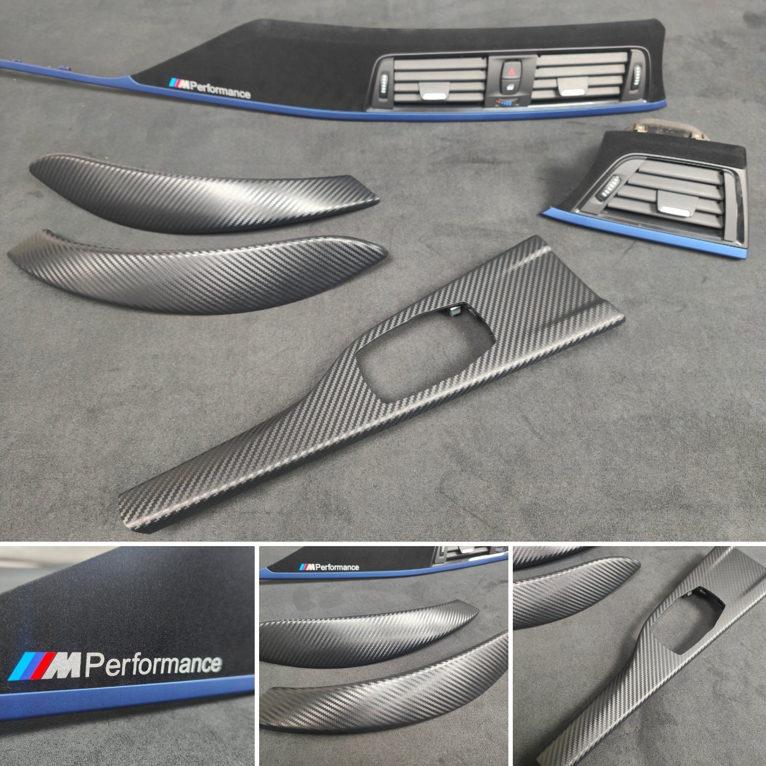 BMW F32 / F82 M4 CUSTOM INTERIOR TRIM SET - 3D CARBON / ALCANTARA STYLE / BLUE ACCENT